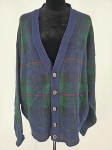 Vintage Murano Mens Blue Plaid Tartan Cardigan Grandpa Core Made Italy Large - Picture 1 of 6