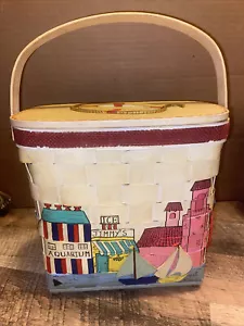 Vintage Hand Painted Pat Wooden Purse Basket Pier Shrimp Sailing Bucket Picnic - Picture 1 of 9