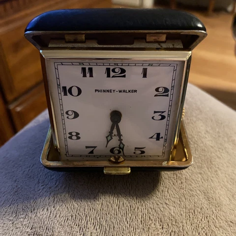 Vintage Phinney Walker  Folding Travel Alarm Clock w/ Leather Case C4 Cover