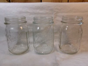 3 Vintage Genuine Ball Scuptured Glass Mason Jars Embossed Fruit & Measurements - Picture 1 of 6
