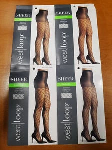 4 Pairs: Sheer Diamond Fishnet Pantyhose Control Top Jet Black *Size C* (AE1877) - Picture 1 of 2
