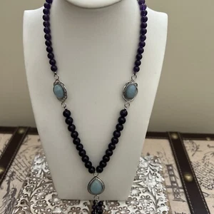 Amethyst Perle mit Birne & ovalem Aquamarin Sterling Quaste Halskette 24 Zoll - Bild 1 von 9
