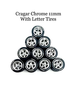 5x Chrome Cragar 11/11mm Wheels w/ Lettered Rubber Tires for 1/64 H0T Wheelz - Picture 1 of 1