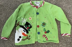Vintage Girls Heirloom Collectibles Size 5 Christmas Sweater Cardigan Snowman - Picture 1 of 7