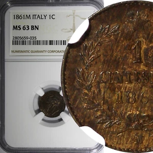 ITALY Vittorio Emanuele II Copper 1861-M Centesimo NGC MS63 BN KM# 1.1 (035) - Picture 1 of 5