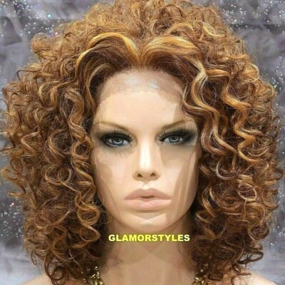 PERUCA COMPLETA FRENTE DE RENDA BOB CAMADAS CACHOS ESPIRAIS MARROM AUBURN LOIRO MIX CALOR OK NOVA COM ETIQUETAS - Imagem 1 de 4