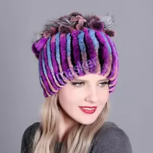 Winter Damen Echt Rex Kaninchenfell Strick Beanie Mütze Warm Mode Western Freizeit - Bild 1 von 52