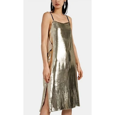 Vestido Helmut Lang Metálico Dorado Sin Mangas Volantes Midi Seda Cuero Talla 6 Foto 1 de 4