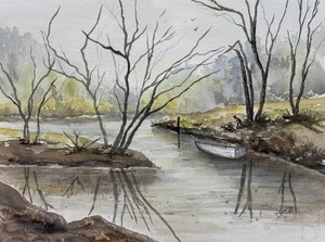 Vintage Original Flusslandschaft Aquarell Gemälde signiert D McCoy 15"x11,5" - Bild 1 von 7