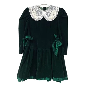 Vestido babero vintage Sarah Too niñas talla 12 terciopelo verde encaje - Imagen 1 de 5