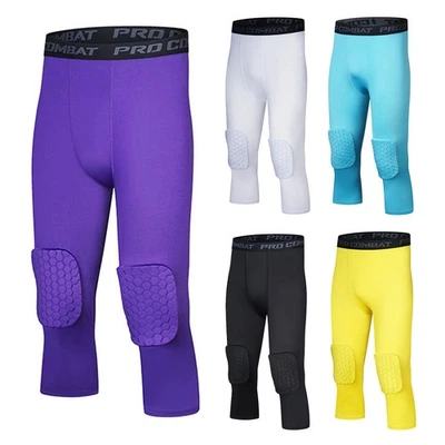 男式运动篮球紧身卡普里裤带膝垫速干打底裤 — 第 1/4 张图片