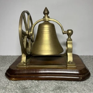 Vintage Solid Brass Desk Bell with a Pulley Wheel Ships Nautical Bell Wood Base - Picture 1 of 13