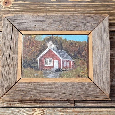 VTG  Oil On Canvas Little Red School House Randolph Vt Signed F.E.M. - image 1 of 4