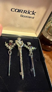 Vintage schottische silberfarbene Faux Amethyst Distel Kilt Anstecknadel/BROSCHEN (3) CARRICK - Bild 1 von 5