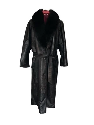 Abrigo largo glamuroso de colección Nina Ricci Paris cuero cuello piel trinchera talla XL de EE. UU. Foto 1 de 4