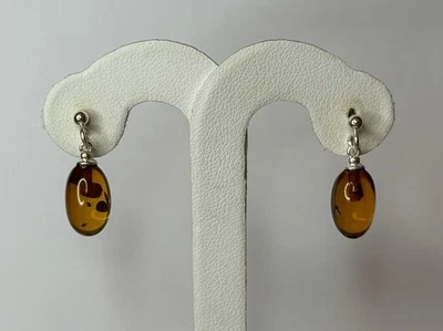 琥珀石耳环带纯银。COGNAC 琥珀吊坠耳环。 — 第 1/4 张图片