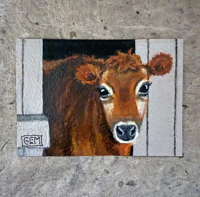 Tarjeta Coleccionable de Artista ACEO - Jersey Vaca en Granero - Original Pintura Acrílica GEMA Foto 1 de 4