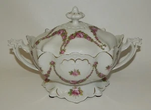 Antique M&Z Austria Porcelain Pink Roses Lidded Handled Candy or Serving Dish - Picture 1 of 7