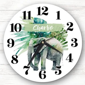 Elephant Jungle Green Leaves Personalised Gift Personalised Clock - Picture 1 of 2