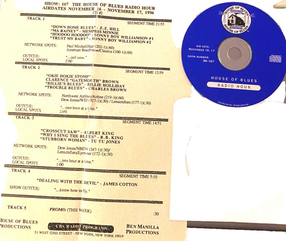 11/16/95 HOUSE OF BLUES RADIO SHOW, BILLIE HOLLIDAY, B.B. KING, JAMES COTTON - Image 1 of 1