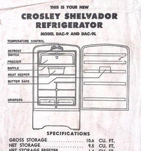 1951 CROSLEY SHELVADOR REFRIGERATOR MODEL DAC-9 AND DAC-9L MANUAL ENVELOPE Z5429 - Picture 1 of 3