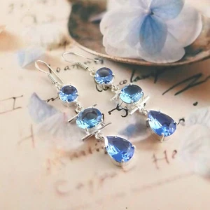 Tanzanite Quartz Gemstone Silver Plated Dangle Earrings Jewelry 2.5" - Picture 1 of 3