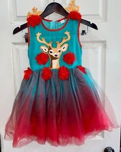 New Girls Bebe Tulle Deer Dress With Floral Embellishments Size 6T Teal & Red Om - Picture 1 of 6