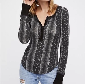 Free People Thermal Henley L/S Top Small Brown Floral Lace Detail - Picture 1 of 6
