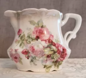 Vintage German Circle Mark White Porcelain Creamer with Pink Roses Pattern - Picture 1 of 10