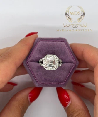 Moissanite Halo Engagement Ring 2.75 Carat Asscher Cut VVS1 Solid 14K White Gold - Image 1 of 4