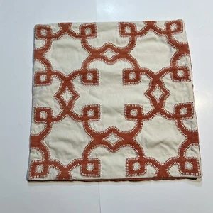 POTTERY BARN Pillow Cover Orange Velvet Off White Applique Stitching 20” Square - Picture 1 of 4