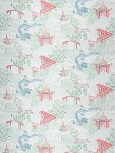 Trend Chinoiserie Pagode Druck Stoff-Aquagarten Korallenblau Grün 1 Yard 8598306 - Bild 1 von 2