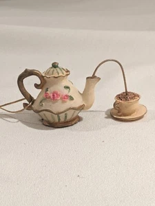 Christmas Tree Teapot Pouring To Cup Ornament Pink Green Beige 1.5" Victorian - Picture 1 of 10
