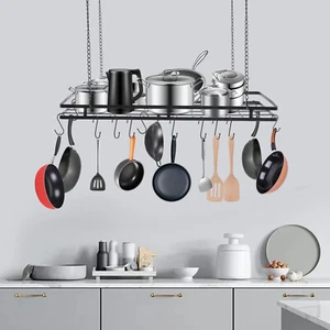 Estante para ollas y sartenes para techo con ganchos perchas para ollas para estante de techo de cocina negro - Imagen 1 de 20