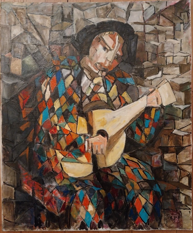 Ecole du XX siècle huile sur toile cubiste Arlequin guitariste 54  x 65 cm - Photo 1/2