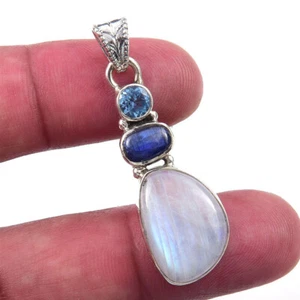 Natural Rainbow Moonstone, Kyanite 925 Solid Sterling Silver Pendant 1.75'' - Picture 1 of 3