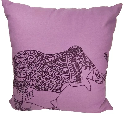 Purple Pillow with Embroidered Elephant 15x15 Lavender Boho Chic Zipper Closure - Image 1 of 4