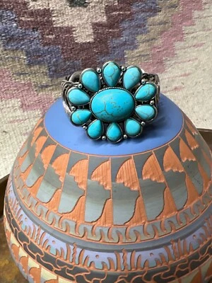 Pulsera grande elástica ajustable flor turquesa Western Rodeo Southwest boho Foto 1 de 4