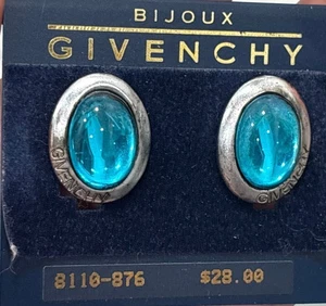 Givenchy Orecchini Clip On Ovale Vetro Blu Tono Argento Logo Vintage Bijoux - Foto 1 di 10