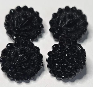 Lot 4 Antique Buttons Victorian 1880 Black Glass Brass Shank Vtg Round Floral - Picture 1 of 1