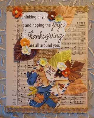 🦃 🦃Handcrafted Embellished CUTE Kitschy THANKSGIVING Greeting Card OOAK 5x7  - Image 1 of 3