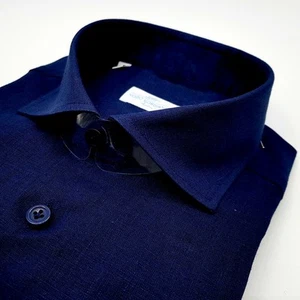 Camicia Uomo Francese Blu notte 100% Lino egiziano superior Top Tessitura Monti - Imagen 1 de 8