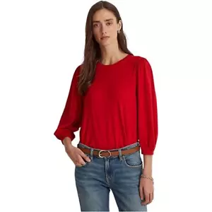 Lauren Ralph Lauren Women's Lipstick Red Blouson Sleeve Cotton Blend Top, Large - Picture 1 of 1