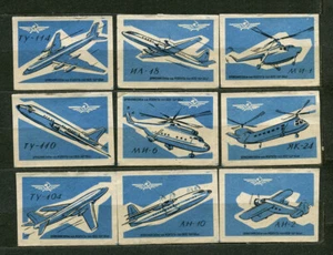 1960, AEROFLOT, PLANES, HELICOPTERS, SET OF 9 VINTAGE RUSSIAN MATCHBOX LABELS - Picture 1 of 1