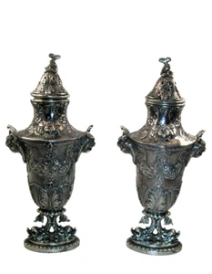 18TH C. PAIR OF LARGE HIGH GRADE SILVER FRENCH REPOUSSE CASTERS - 7" TALL - B/O - Picture 1 of 20