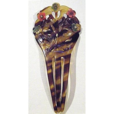 Antiguo Peine Victoriano Eduardiano Rosa Azul Flores Perlas Aleta Retro Moda Foto 1 de 4