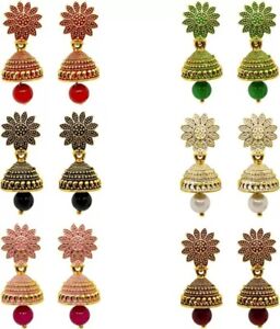 ndian Oxidised Golden Traditional Temple Jhumki Earrings Jewelry Pack of 6 Combo