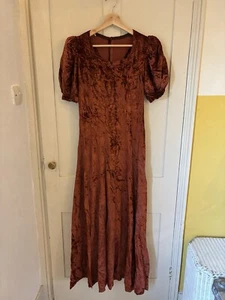 True Vintage 1970's Velvet Rust Handmade Maxi Prairie Dress Puff Sleeve Uk 10 - Picture 1 of 18