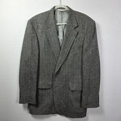 复古 Lands End 男式 44R 灰色人字形羊毛粗花呢运动外套西装外套美国 — 第 1/4 张图片