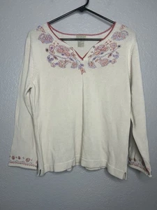 Maglione Sigrid Olsen misto cotone perline floreale panna scollo V vintage taglia XL - Foto 1 di 9